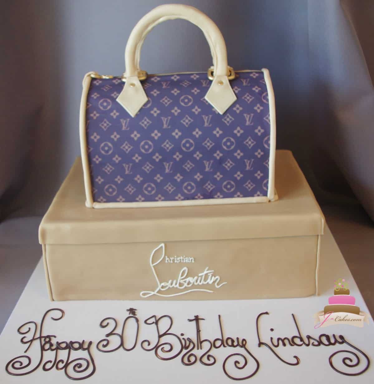 Fashionista Fondant Cake with Edible Louis Vuitton Luggage, Purse, and Shoe  side view
